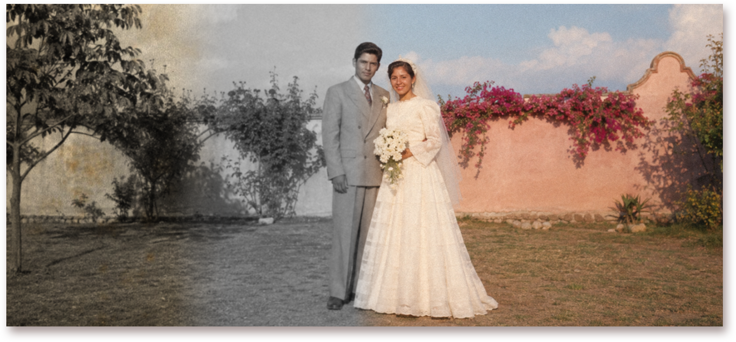 Fotografía antigua restaurada de una pareja de novios